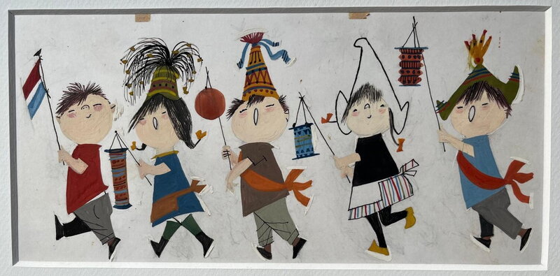 Fiep Westendorp, Feestende kinderen naar links lopend - Illustration originale