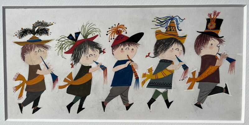 Fiep Westendorp, Feestende kinderen naar rechts lopend - Illustration originale