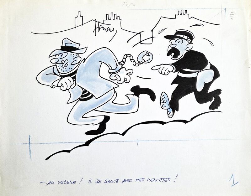 René Hanau, Au voleur ! Il se sauve avec mes menottes ! - Illustration originale