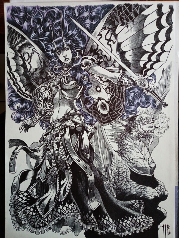 For sale - Philippe Bringel, La guerrière papillon et son dragon - Original Illustration
