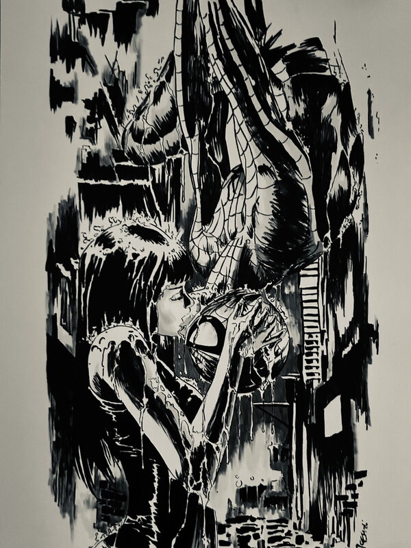 Pete Mihelis, Stan Lee, Steve Ditko, Mihelis, illustration, le baiser de Spiderman et Jane, 2026. - Original Illustration