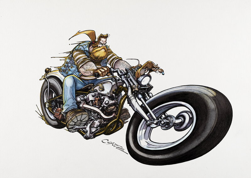 En vente - « Mammouth à moto » par Coyote - Illustration originale