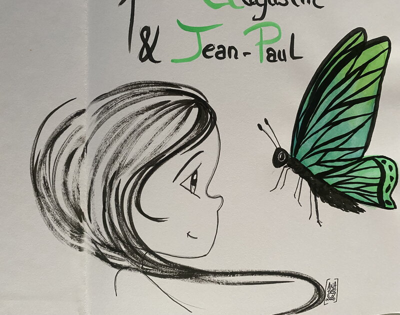 Ana Dess, illustration originale, la Petite Ana et un papillon, 