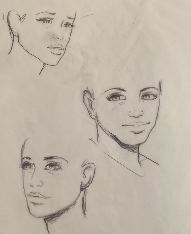Stéphan Agosto, croquis préparatoire, divers portraits d'une des héroines de l'album 