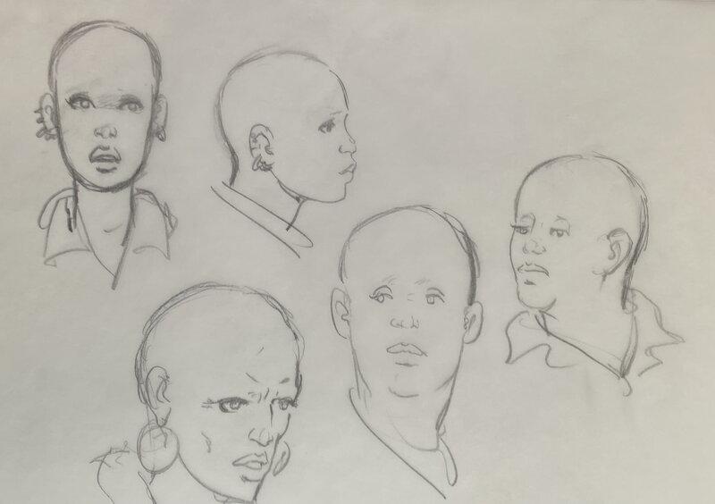 Stéphan Agosto, croquis préparatoire, galerie de portraits pour une étude de personnages de l'album 