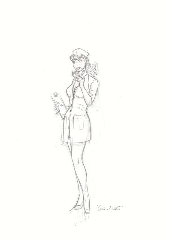 For sale - Berthet Philippe - Dessin Original Crayonné Pin-up infirmière 1 - Original Illustration