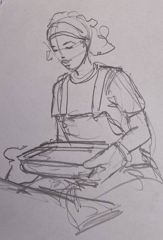 Stéphan Agosto, croquis préparatoire, crayonné de case, Jeanne prépare le repas, 