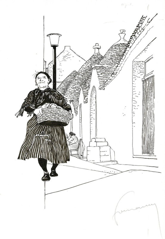 Hermann, Femme avec un panier à linge - Vrouw met wasmand - Planche originale