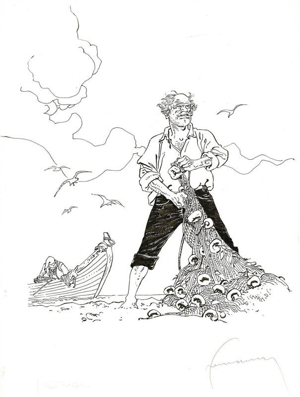 Hermann, Pêcheur avec filet de pêche - Visser met visnet - Planche originale