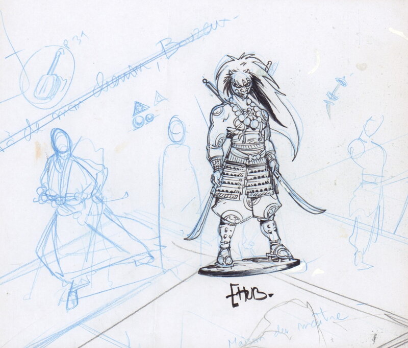 En vente - Hub, Okko Noburo et recherches - Illustration originale