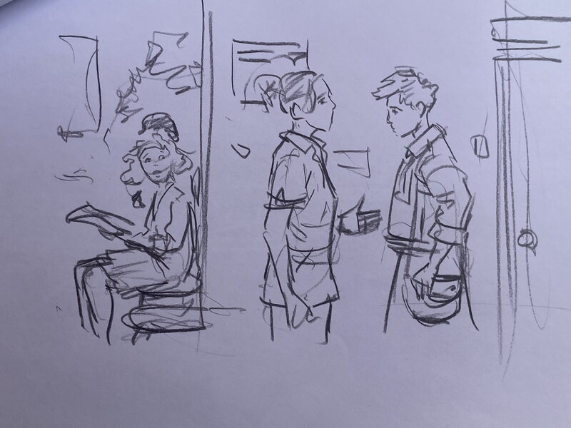 Stéphan Agosto, croquis préparatoire pour une étude de case, départ en chimiothérapie, 