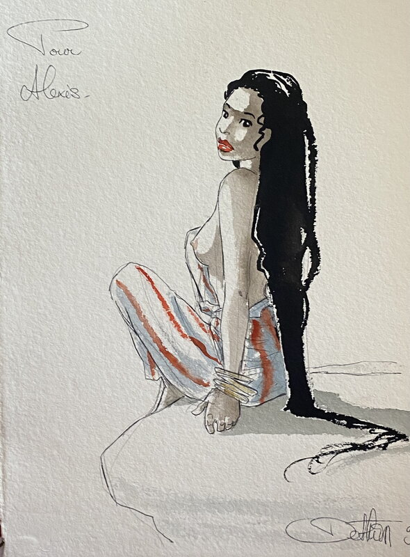 Isabelle Dethan, illustration originale de charme, jeune femme à la poitrine dénudée. - Dédicace