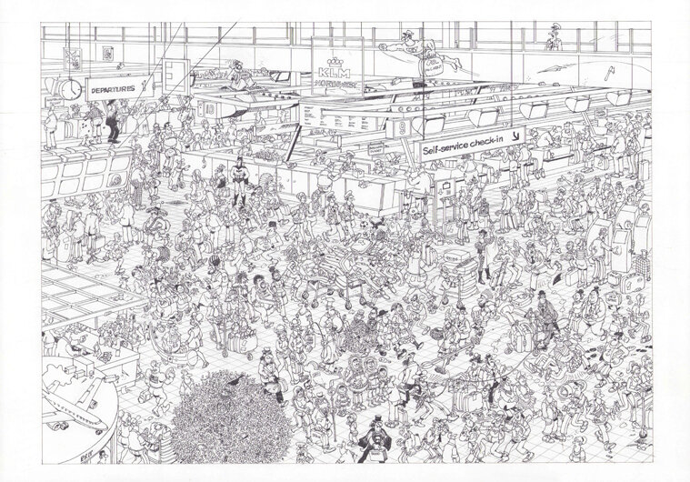 Jan van Haasteren | 2003 | Puzzel De vertrekhal schets - Œuvre originale