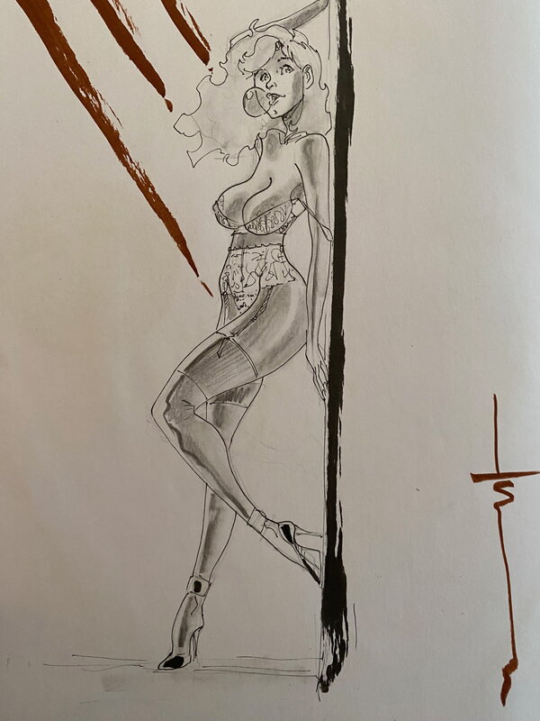 Louis, illustration originale de charme, Pin Up mâchant un chewing gum, 