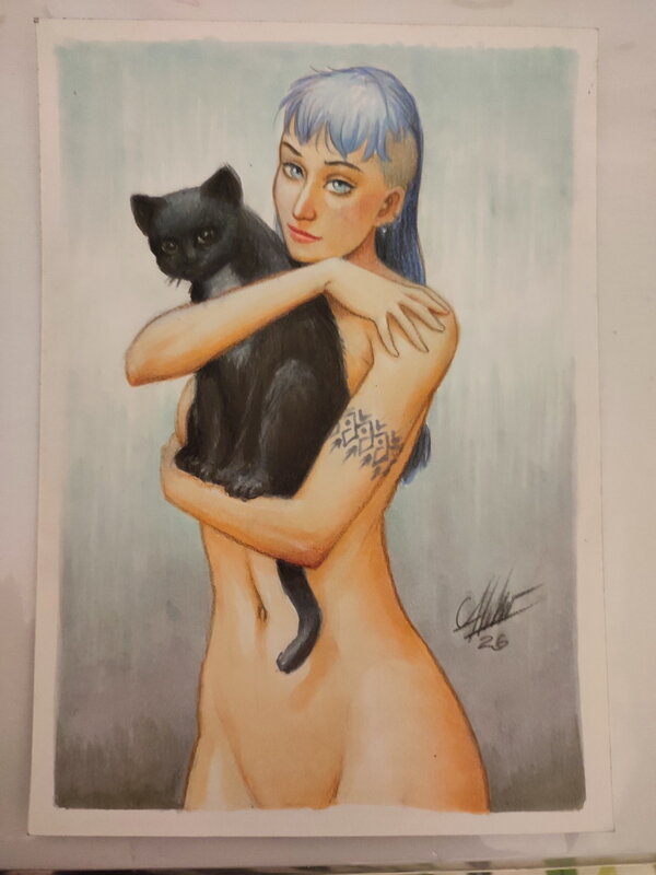 Atlio Gambedotti, A girl and her black cat - Illustration originale