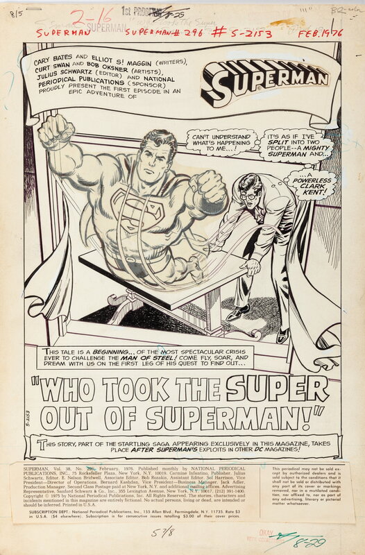 Curt Swan, Tex Blaisdell, Superman 296 Title Splash - Illustration originale