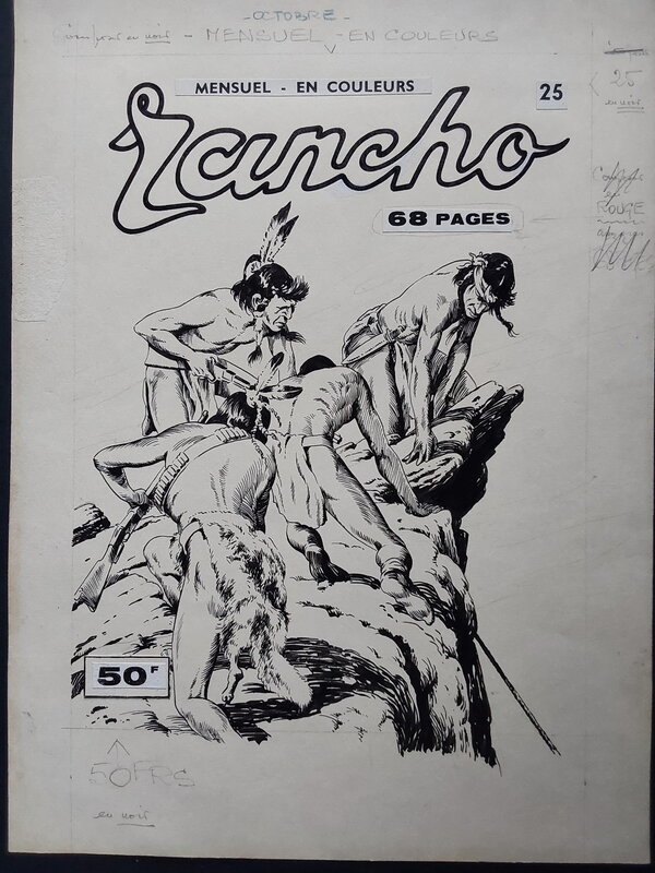 En vente - Atelier Chott, Rémy Bordelet, studio Artevèze G., Fred Meagher, Jacques Devaux, Atelier Chott RANCHO 25 indien BUFFALO BILL Couverture Originale planche N&B ,Mensuel Western Cow Boy Petit Format SER 1956 - Couverture originale