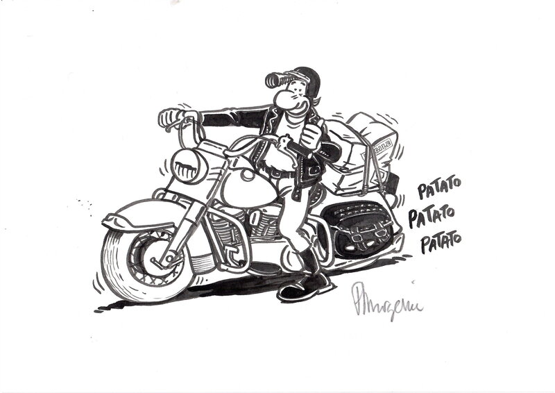 Lucien sur sa moto par Frank Margerin - Illustration originale