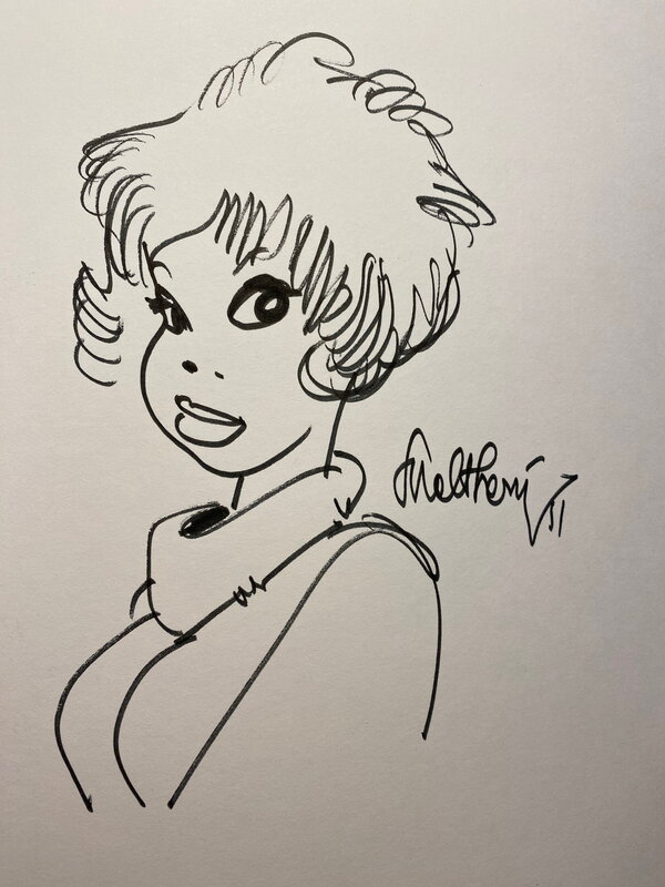 François Walthéry, illustration originale, portait de Natacha en col roulé, 