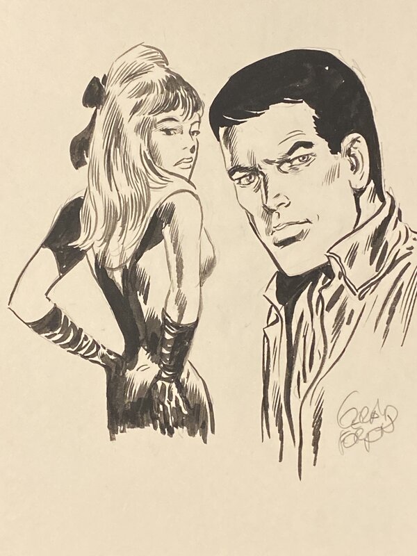 Gérald Forton, illustration originale, Bob Morane en charmante compagnie. - Illustration originale