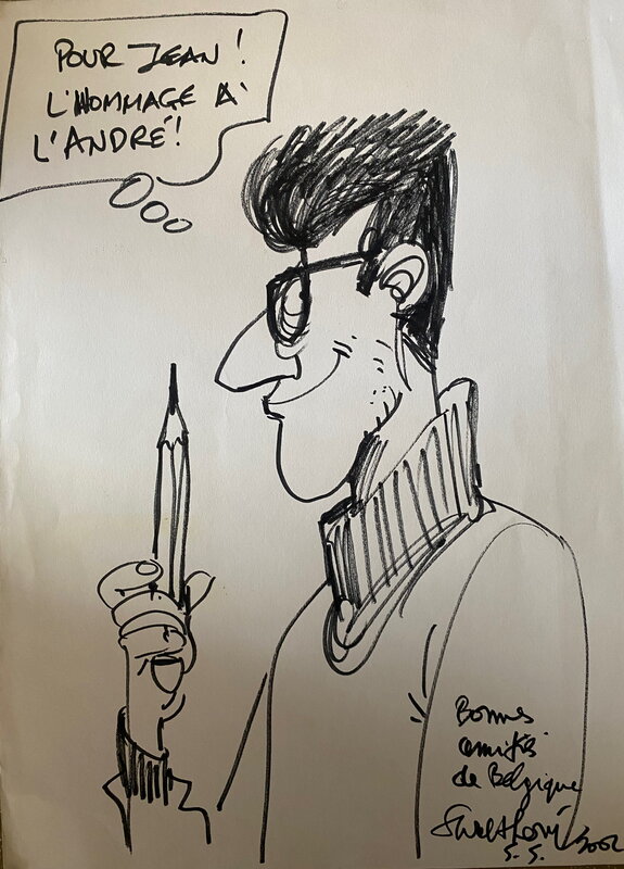 François Walthéry, illustration originale, portrait de André Franquin pour un hommage. - Dédicace