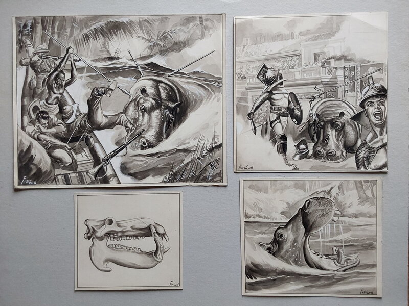 En vente - Fergal, Gallieno FERRI, Atelier Chott, Fergal Studio Atelier Chott 4 illustration Hippopotame Rome Brousse .., Fantax RANCHO ? Dessin planche originale Lavis & Gouache - Illustration originale