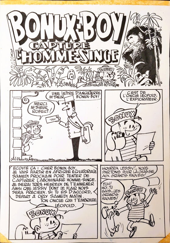 Jijé, Benoît Gillain, Bonux boy n°8 : Bonux-Boy capture l'homme-singe, pages 1, 3, 4, 5, 7 et 9 - Planche originale