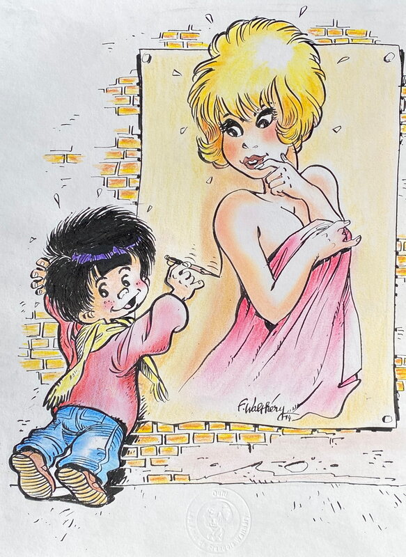 François Walthéry, magnifique illustration originale, P'tit Bout D'Chique dessine Natacha. - Illustration originale