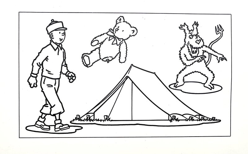 En vente - Studios Hergé, Studios HERGE : Tintin et Milou illustration à l'encre de chine et gouache blanche pour un cahier de coloriage Tintin au Tibet - Planche originale