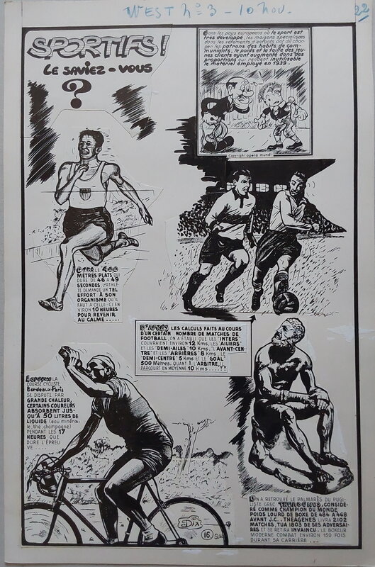 En vente - Dix Rubrique SPORTIFS Le Saviez-Vous ? Athlétisme Football Vélo Cyclisme Boxe , P. 22 Atelier Chott paru WEST Romance 3 en 1959 - Illustration originale