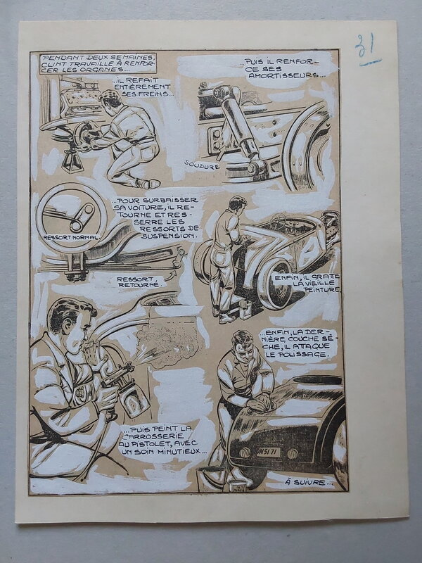 For sale - unknown, Atelier Chott, Rémy, Atelier Chott Rubrique Auto Voiture carrosserie BD illustration Originale Original planche 31 contact (Repeint) Pf Année 60 de ? - Original Illustration