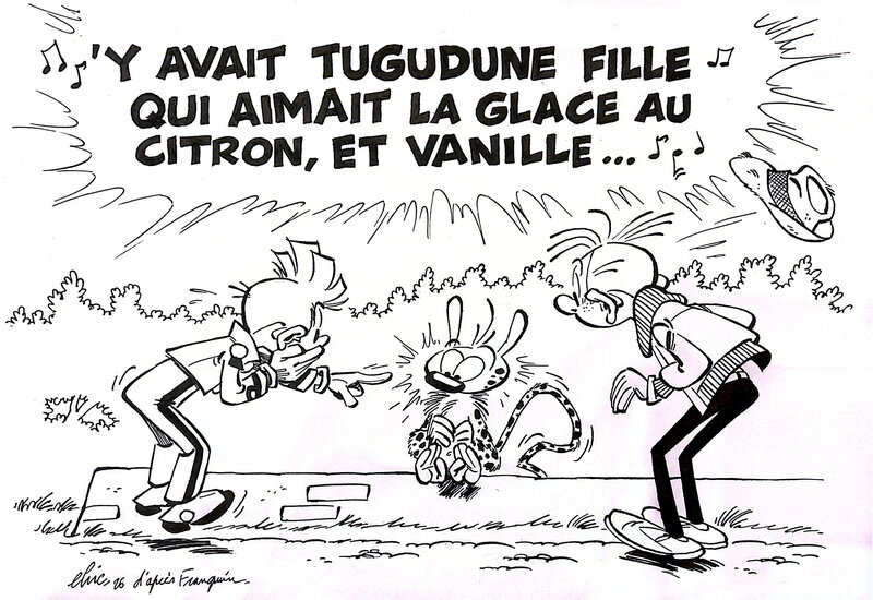 Elric, André Franquin, 2026 - Spirou, Fantasio et le marsupilami : reprise case 3 planche 3 QRN sur Bretzelburg - Illustration originale