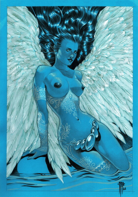 En vente - Philippe Bringel, Fille tatouée - l'ange bleu aux perles - Illustration originale