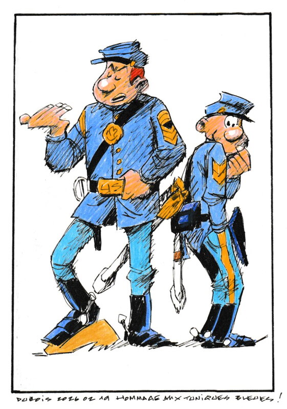For sale - Stéphane Dubois, Willy Lambil, Raoul Cauvin, Louis Salvérius, Stéphane Dubois - Illustration Hommage aux Tuniques Bleues - Original Illustration