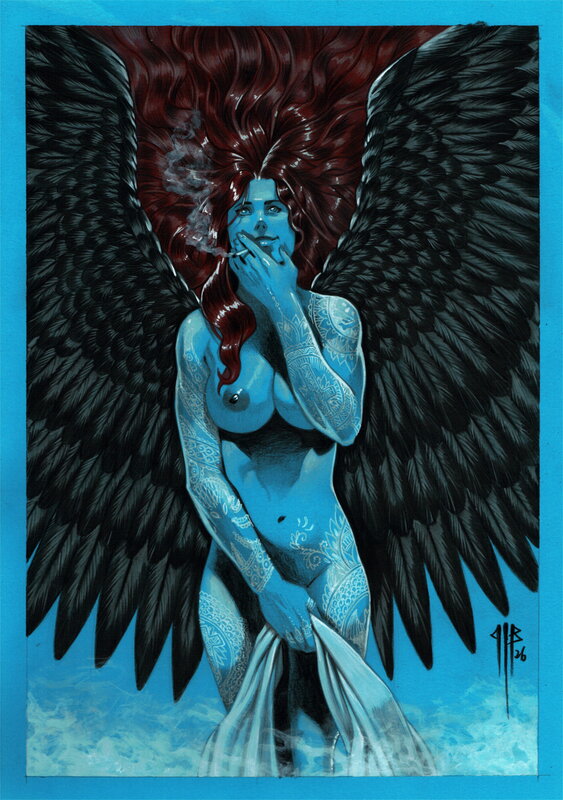 For sale - Philippe Bringel, Fille tatouée - l'ange noir aux cheveux rouge - Original Illustration