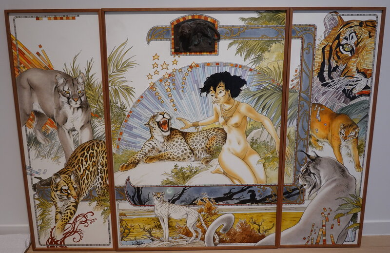 Fred Frank, Triptyque au félins. - Illustration originale
