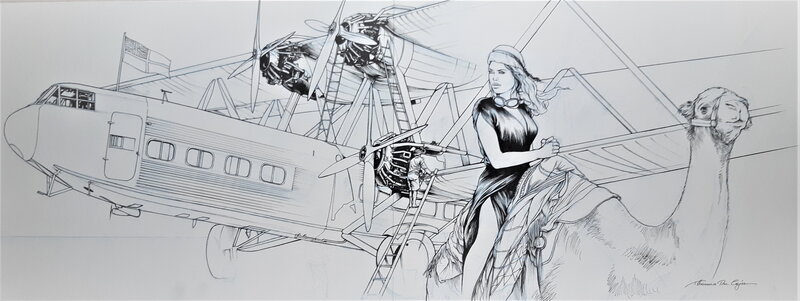 Thomas Du Caju, Ex Libris. Pinup du désert & un Handley Page H.P 42 - Illustration originale