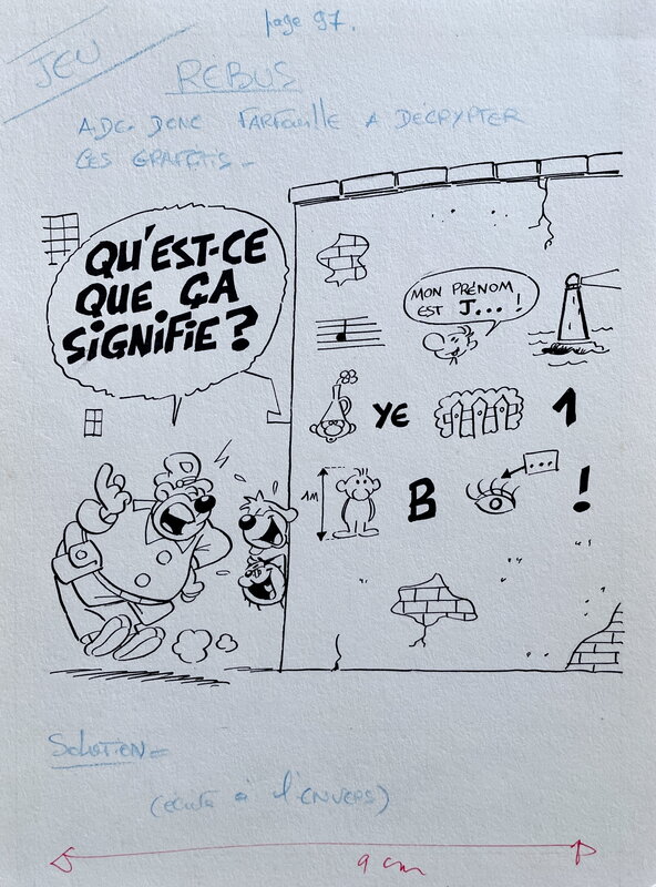 En vente - Michel Motti, José Cabrero Arnal, 1980'S - Pif et Hercule : Aide donc Farfouille à décrypter ces graffittis - Illustration originale