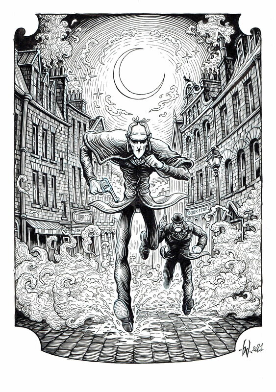 En vente - Benoît Dahan, Cyril Lieron, 2021 - Dans la tête de Sherlock Holmes : Ex Libris - Illustration originale