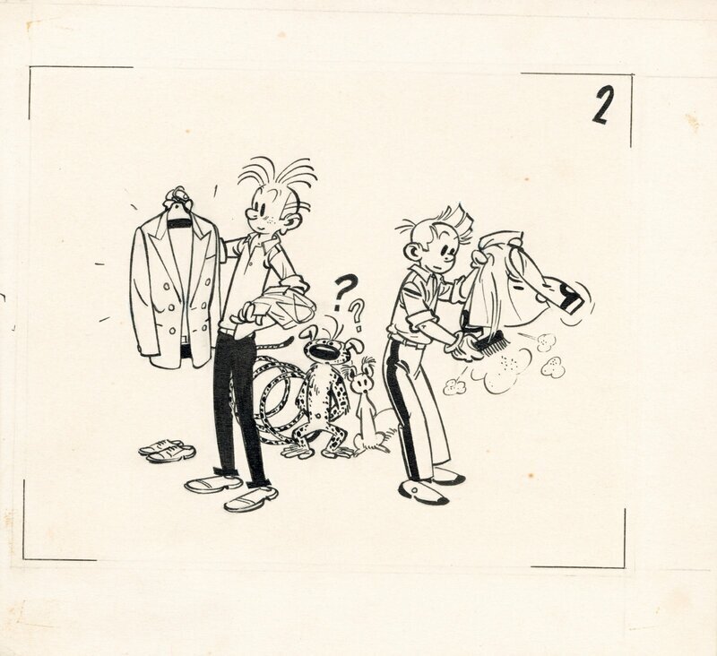En vente - Franquin Andre, Spirou et Fantasio. Original nr 2 de la carte depliante ADS de 1952 - Illustration originale