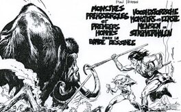 Affiche de l’exposition ayant eu lieu à Bruxelles en 1975 et intitulée «Monstres préhistoriques et premiers hommes dans la bande dessinée» ayant été réalisée conjointement par Chéret et Aidans.