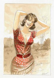 Jean-Pierre Gibrat - Le sursis - Cécile en robe rouge à pois blancs - Illustration originale