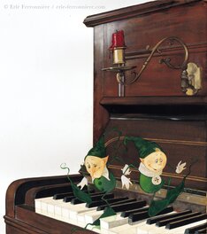 Erlé Ferronnière - Mic & Mac jouant au piano - Illustration originale