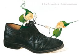 Illustration originale - Mic & Mac laçant une chaussure