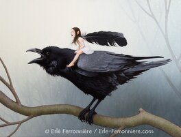 Erlé Ferronnière - La fée sur le corbeau (couleur) - Illustration originale