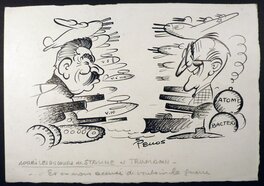 René Pellos - Joseph Staline face au Président Harry Truman - Original Illustration