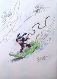 Batem - Le Marsu noir fait du snowboard - Illustration originale