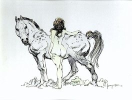 A Young Nude Girl and Her Horse Frazetta 1970s ink finished drawing