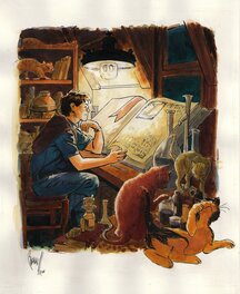 Franck Biancarelli - Carte de voeux personnelle - Le chat Libraire - Original Illustration