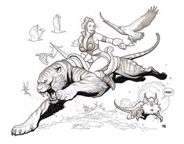 Frank Cho - Frank Cho - Teela and Combat cat - A VENDRE - Original Illustration